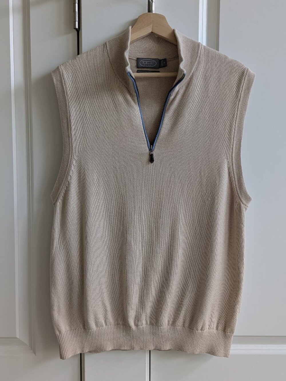Vintage Talbots 1/4 Zip Vest Men M Beige Pima Cotton Sleeveless Sweater Y2K Knit